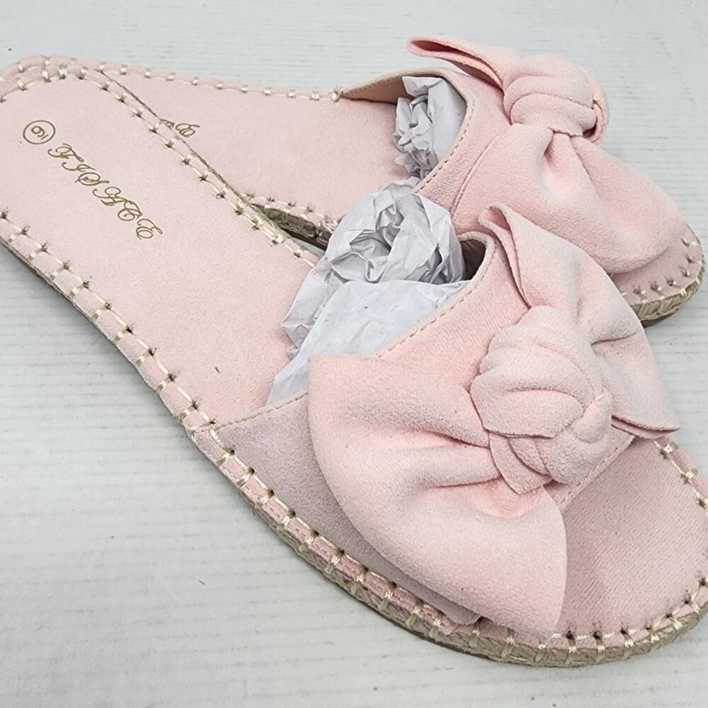 New Pink Bow Slide Sandals Espadrille Stotch Faux Suede Flats Cute Summer Size 9 - Picture 5 of 7